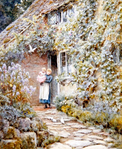 Vine Cottage (akvarelli paperille) tekijältä Helen Allingham