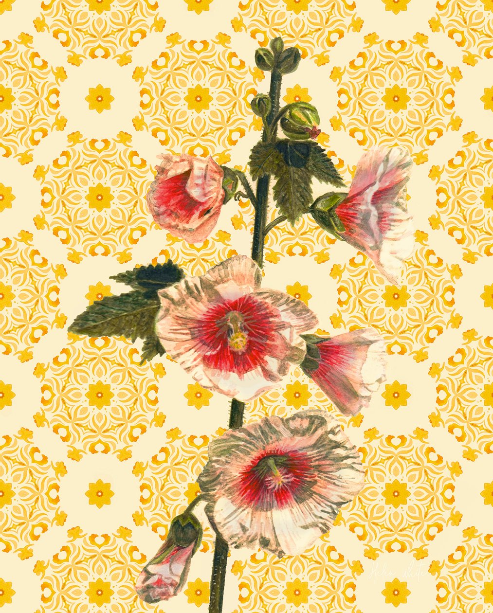 Hollyhocks on Sunshine, 2021 (akvarelli) tekijältä Helen White