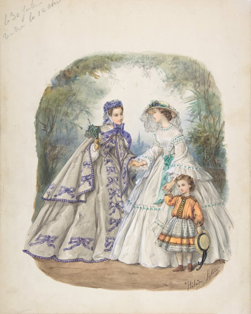 Kuvitus ranskalaiseen muotilehteen, n. 1862. tekijältä Heloise Leloir
