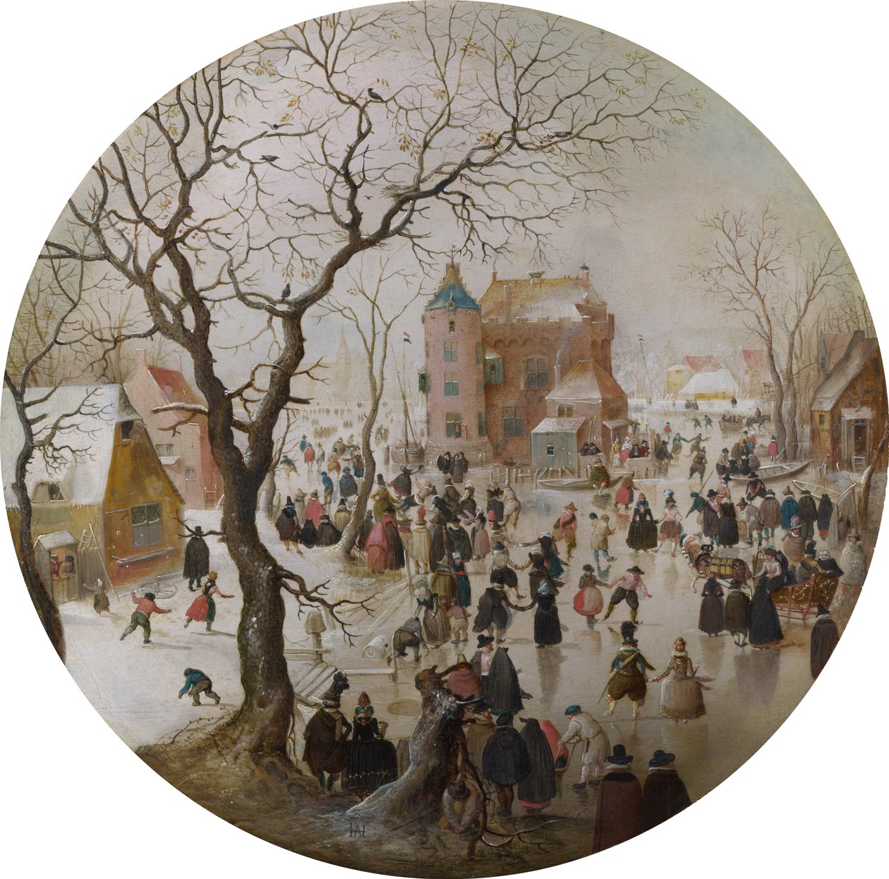 Talvimaisema luistelijoiden kanssa linnan lähellä tekijältä Hendrick Avercamp