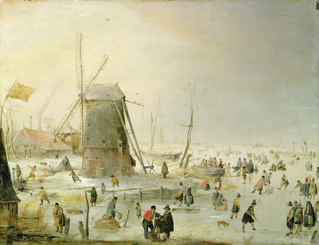 Talvimaisema luistelijoiden kanssa tuulimyllyn luona tekijältä Hendrick Avercamp