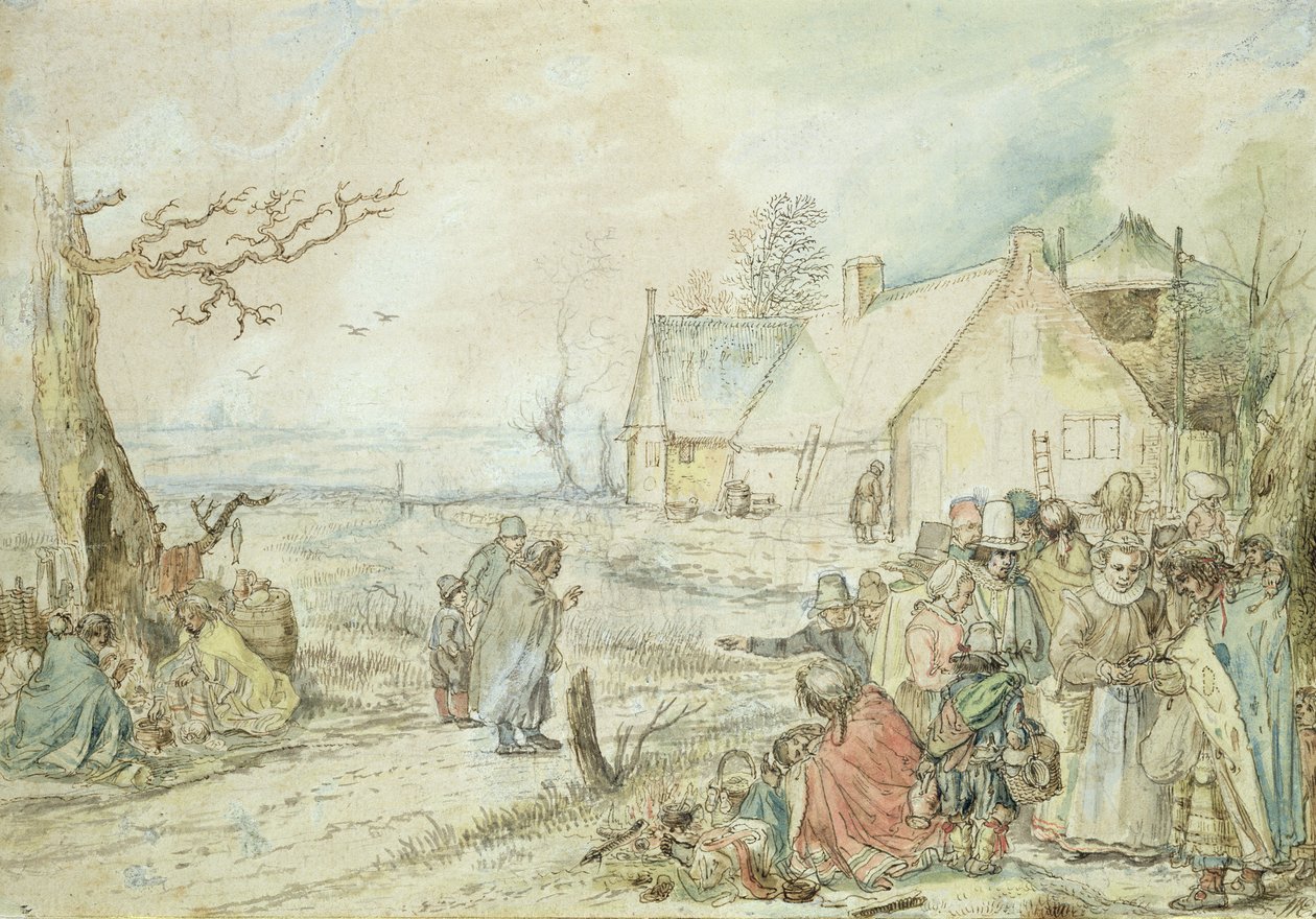 Maisema mustalaisten ennustajien kanssa (kynä ja wc paperilla) tekijältä Hendrick Avercamp