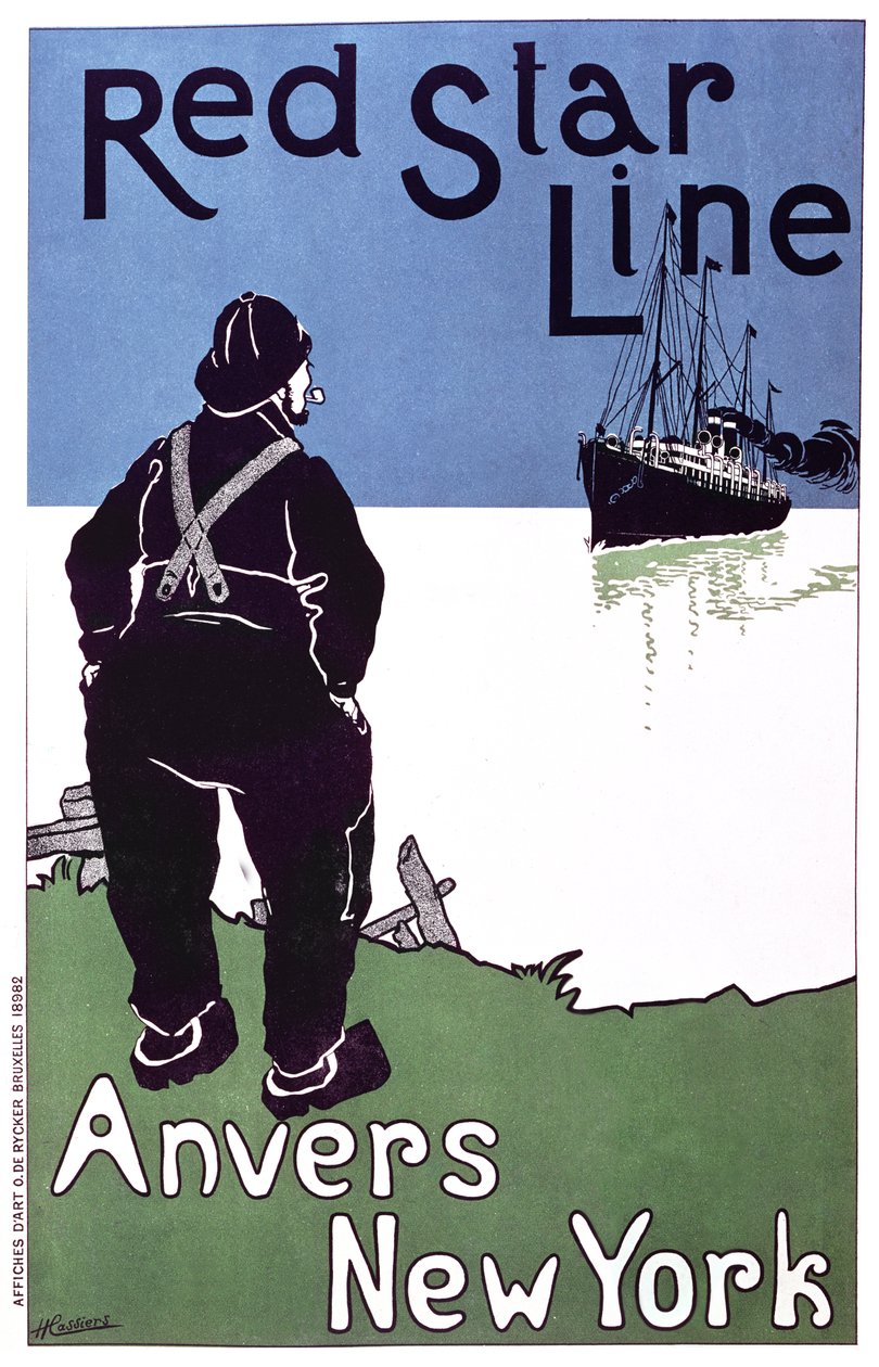 Antwerpenistä New Yorkiin liikennöivää Red Star Line -liikennettä mainostava juliste, 1899. tekijältä Hendrick Cassiers