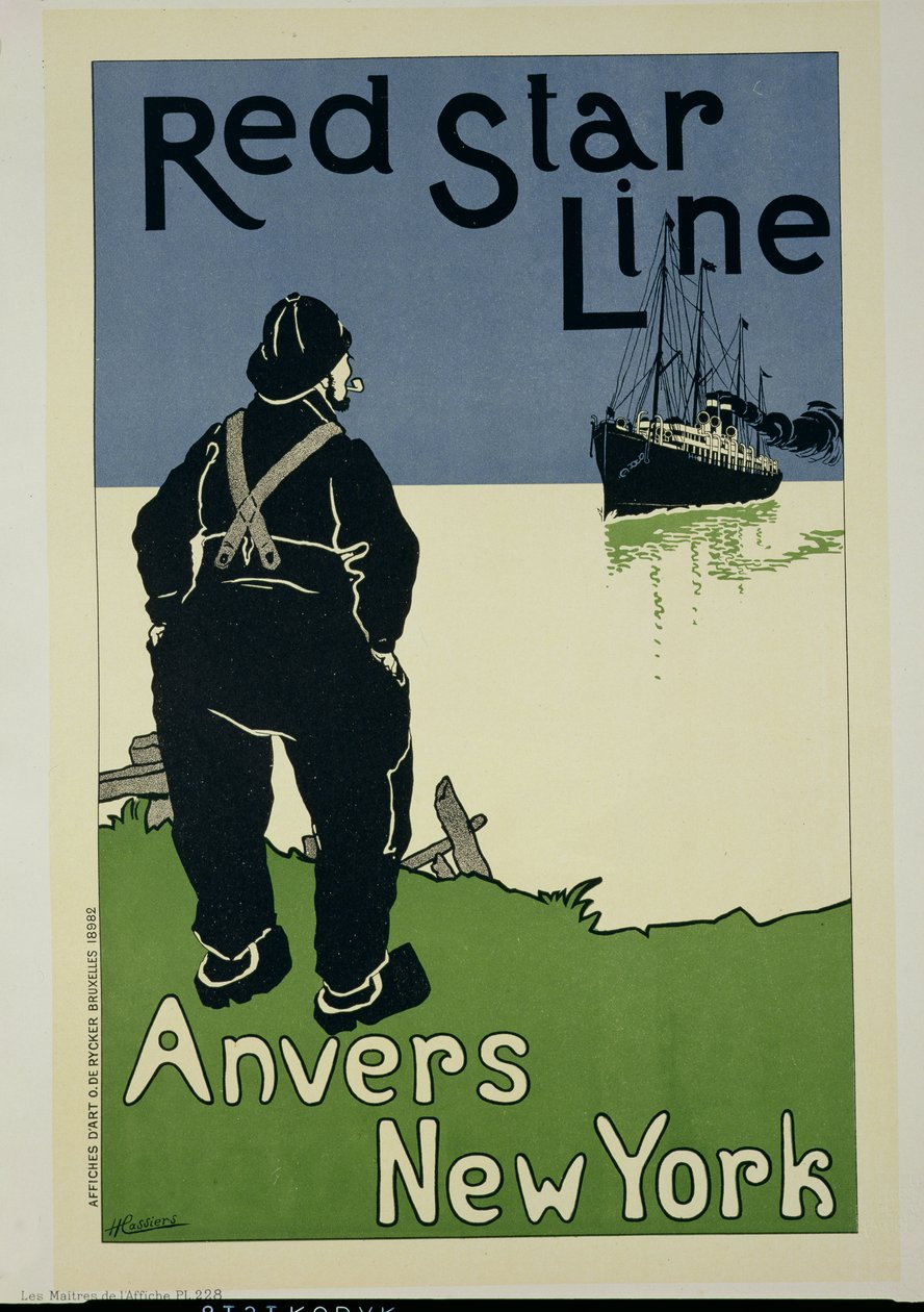 Jäljennös julisteesta, joka mainostaa "The Red Star Line, from Anvers to New York", 1899 tekijältä Hendrick Cassiers