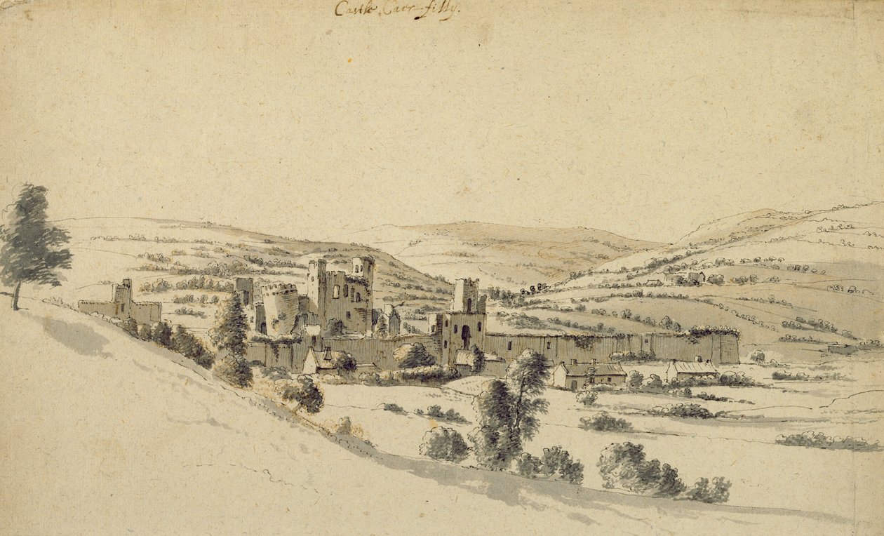 Caerphilly Castle (kynä, muste ja pesu paperille) tekijältä Hendrick Danckerts