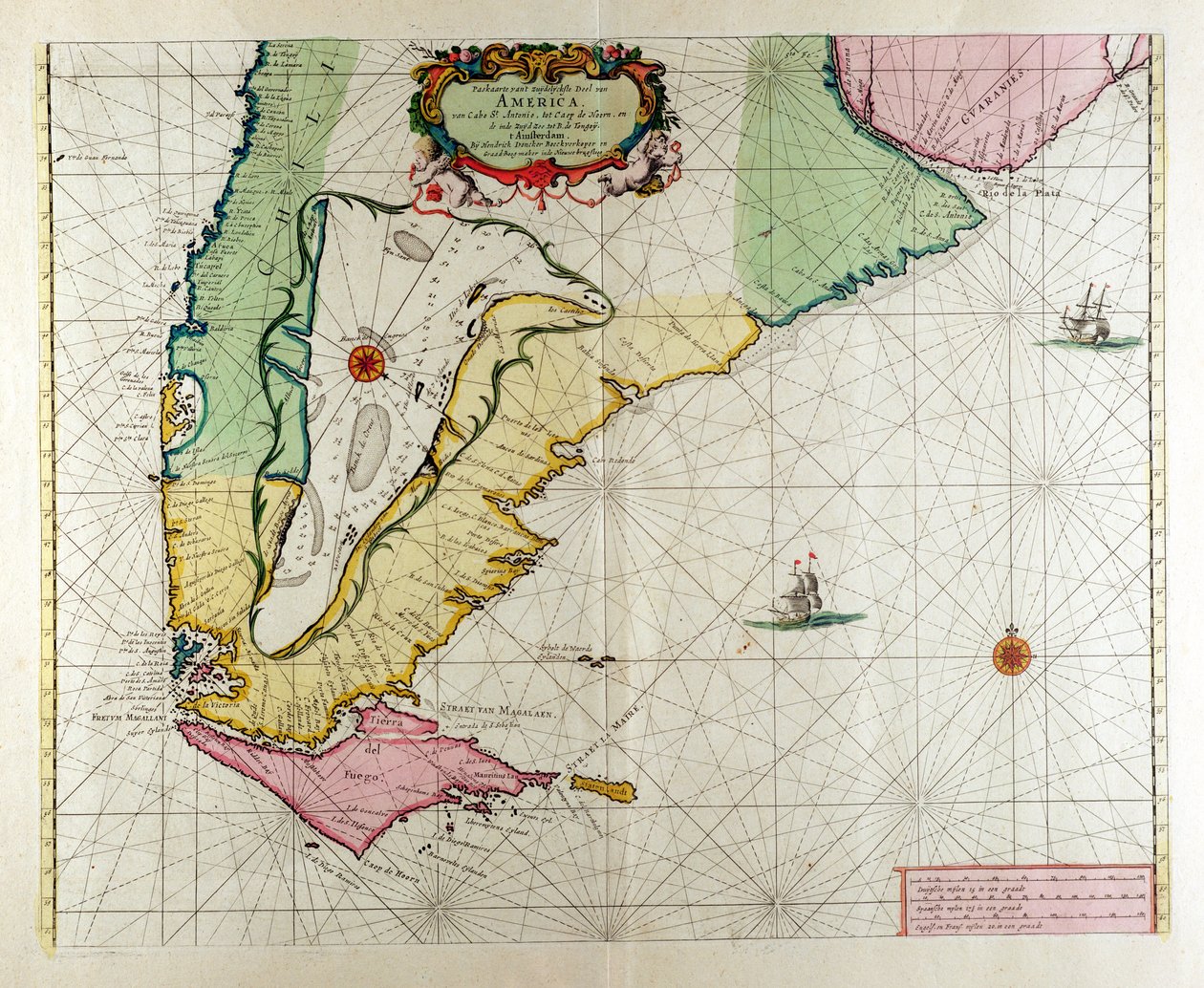 Amerikka, levy 17 julkaisusta Le Nouveau et Grand Illuminant Flambeau de la Mer, koonnut Claes Jansz. Vooght (fl.1680-96), julkaistu Amsterdamissa 1683 (käsinvärinen kaiverrus) tekijältä Hendrick Doncker