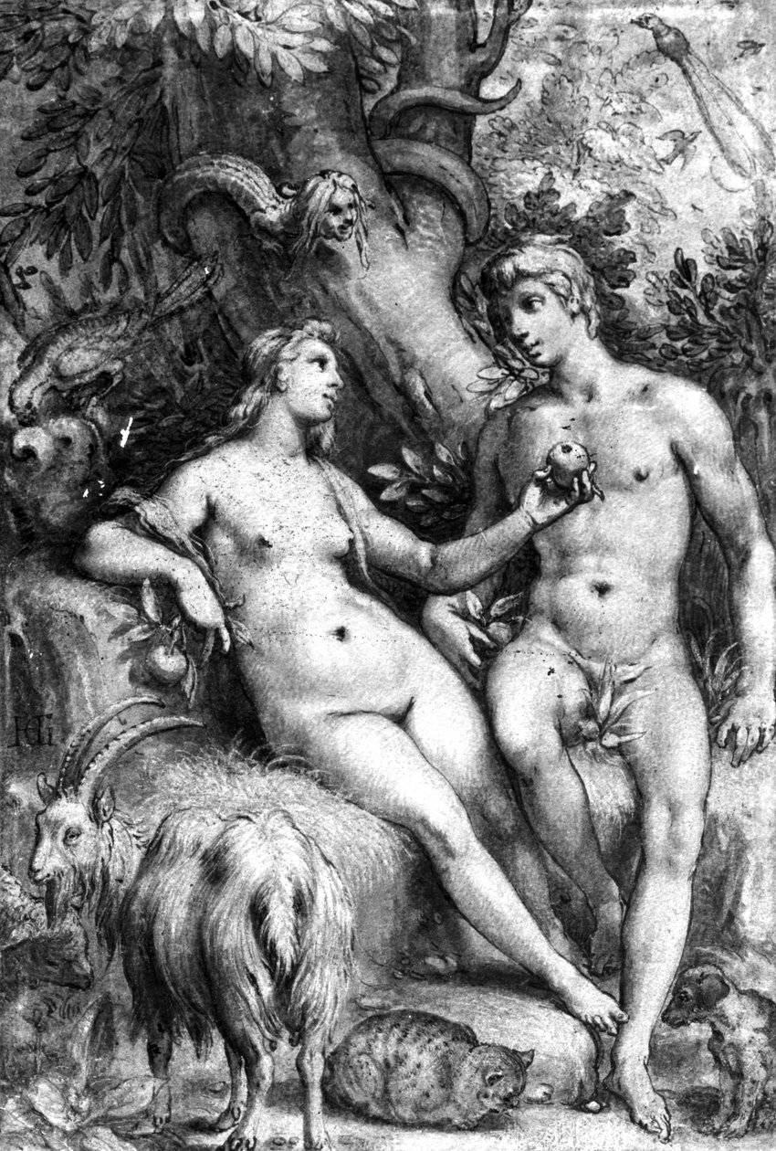The Temptation, n. 1597 (kynä, muste ja pesu paperille) tekijältä Hendrik Goltzius