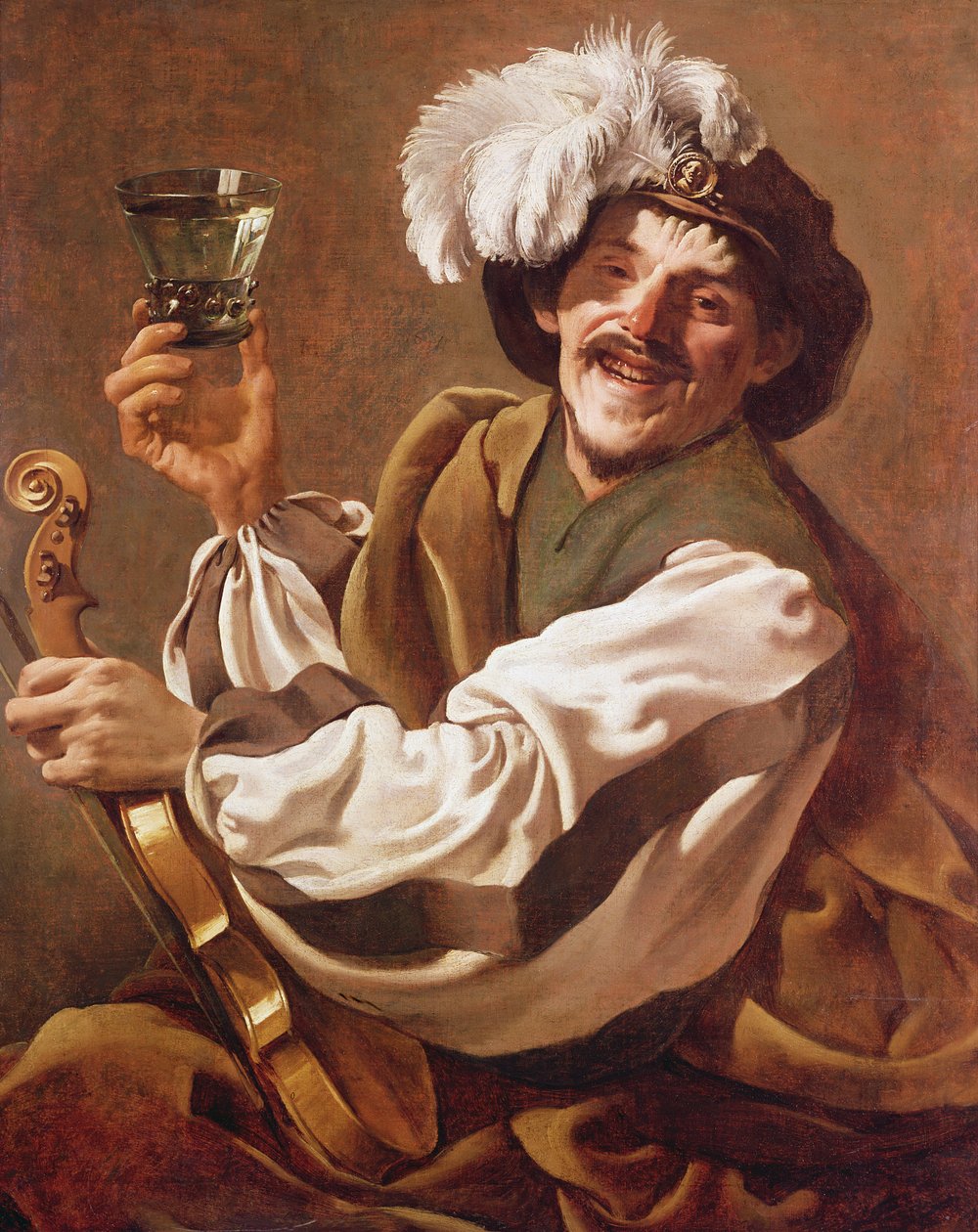 Viulunsoittaja viinilasillisen kanssa tekijältä Hendrick ter Brugghen