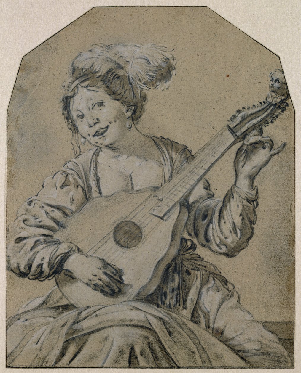 Luutonsoittaja (mustavalkoinen liitu paperille) tekijältä Hendrick ter Brugghen