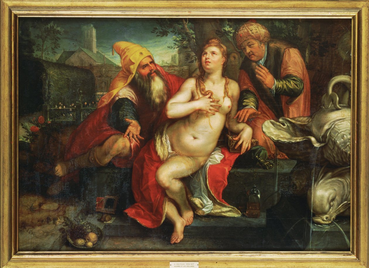 Susanna ja vanhimmat ... (maalaus puulle) tekijältä Hendrick (attr. to) Goltzius