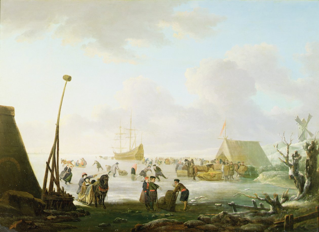 Laaja maisema rekien ja luistelijoiden kanssa, laiva lukittuneena jäähän (öljy paneelissa) tekijältä Hendrick (manner of) Avercamp