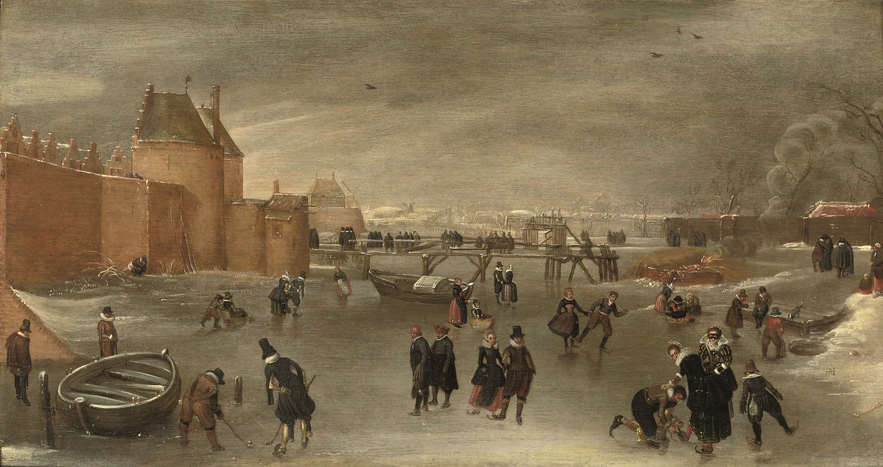 Luistelijat, kolf-pelaajat ja kelkat jäätyneellä joella lähellä St. Janspoortin kaupungin porttia, taustalla Kruispoort ja takana Pink mylly, Haarlem (öljy paneelissa) tekijältä Hendrick Avercamp (studio of)