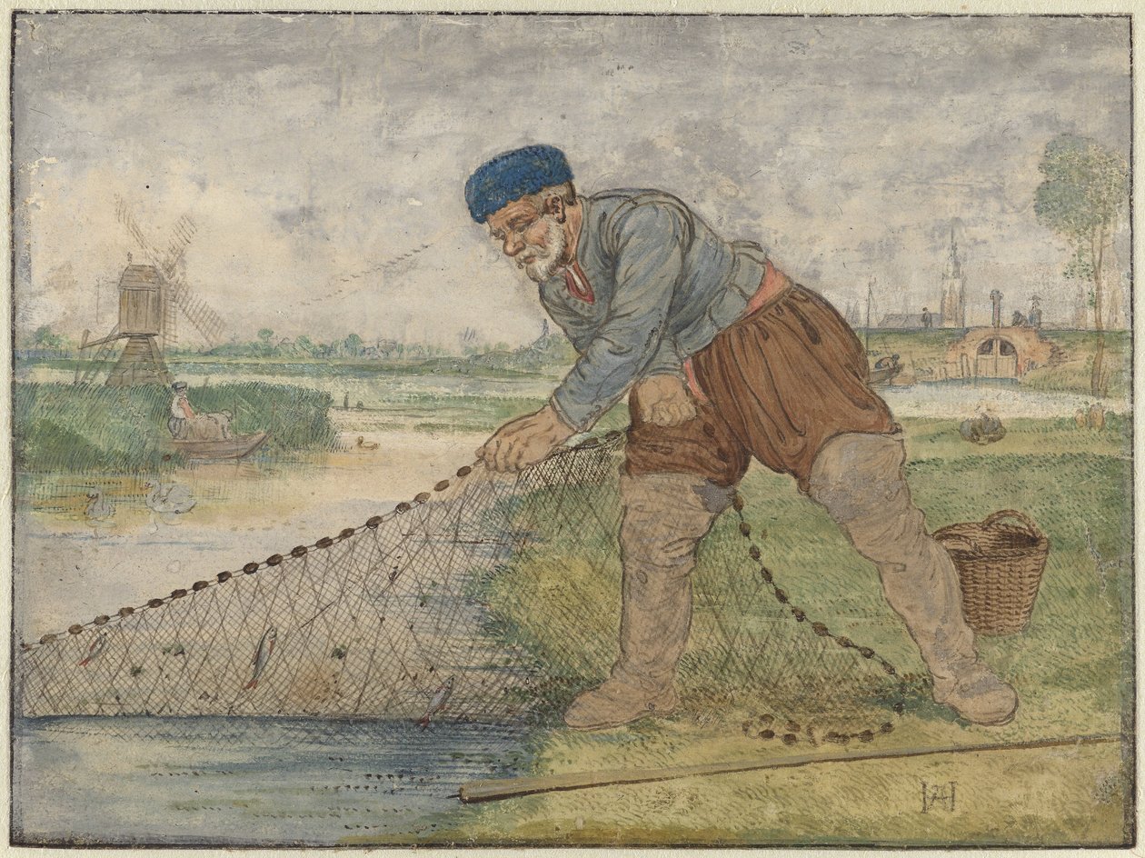 Kalastaja nostamassa verkkoaan tekijältä Hendrick Avercamp