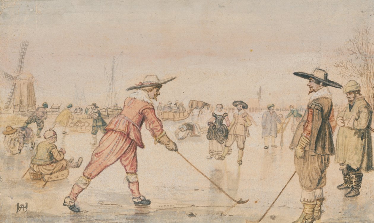 Talvinen kohtaus, jossa kaksi herrasmiestä pelaa Colfia tekijältä Hendrick Avercamp