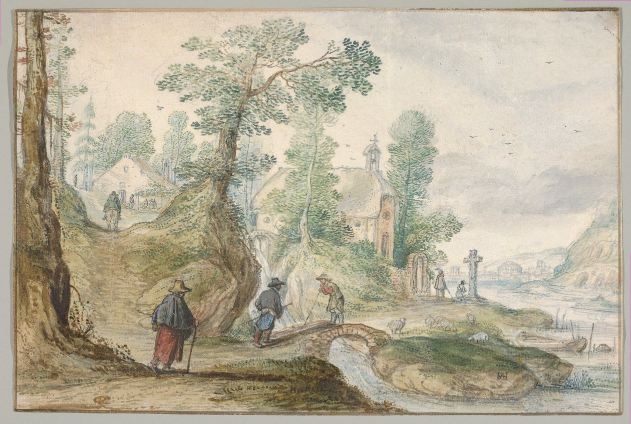 Metsäinen jokimaisema, jossa on kirkko ja ihmishahmoja tekijältä Hendrick Avercamp