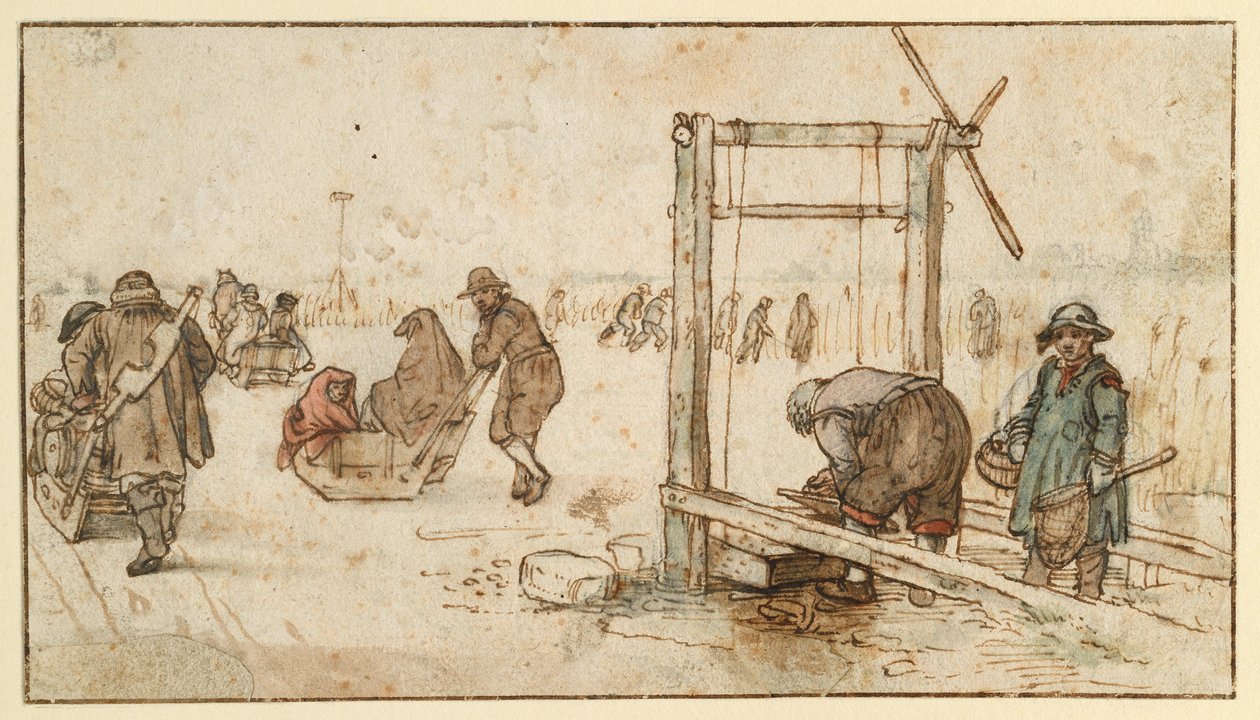 Kolme rekeä jäällä tekijältä Hendrick Avercamp