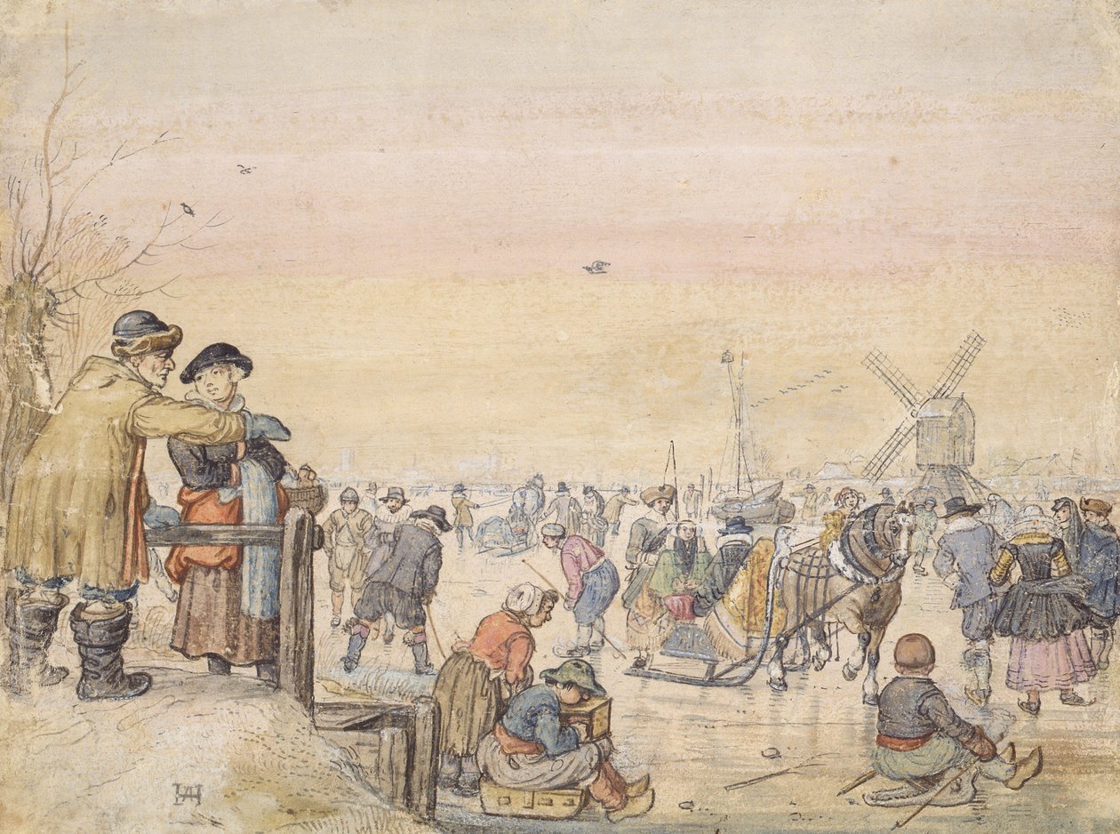 Nautitaan jäästä, 1630 (kynä ja wc paperilla) tekijältä Hendrick Avercamp