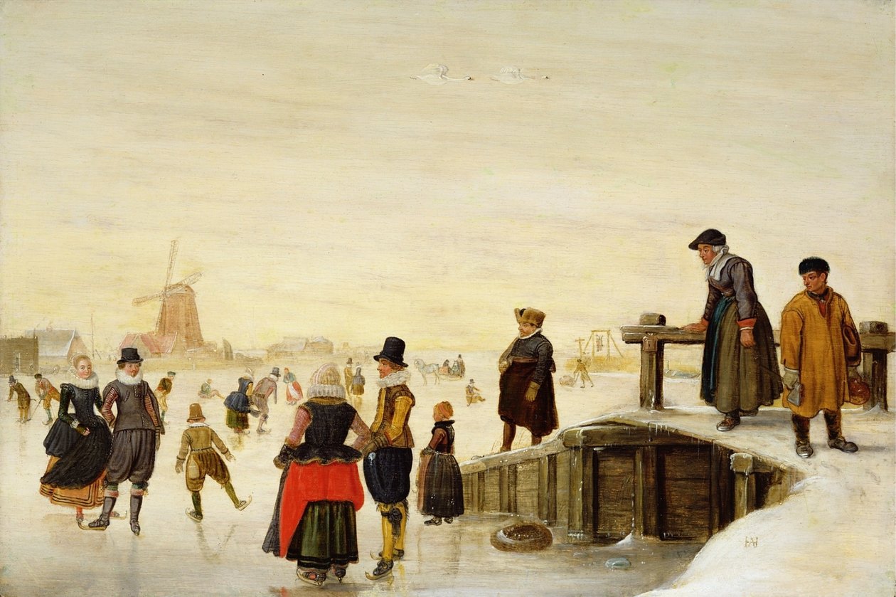 Hahmoja luistelemassa hollantilaisessa maisemassa tekijältä Hendrick Avercamp