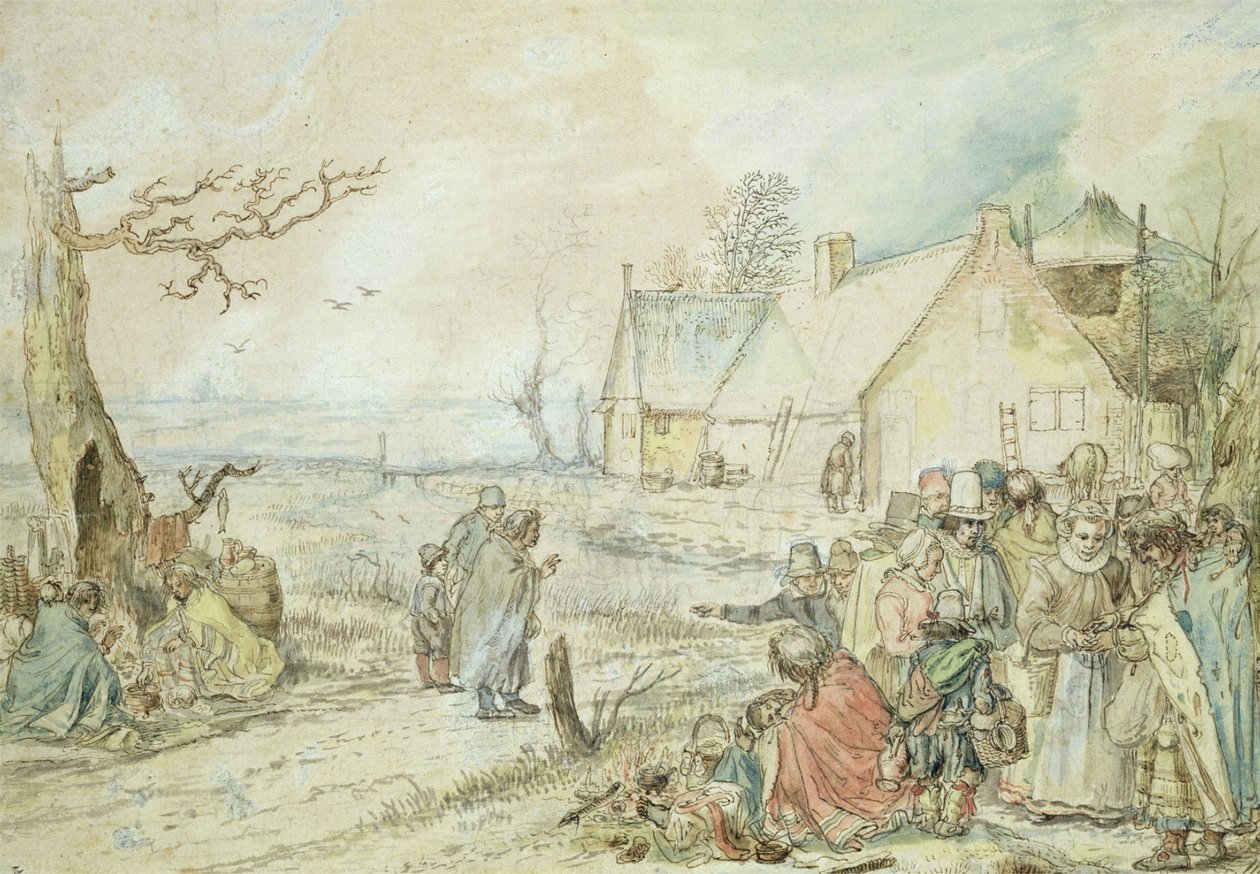 Maisema mustalaisten ennustajien kanssa tekijältä Hendrick Avercamp