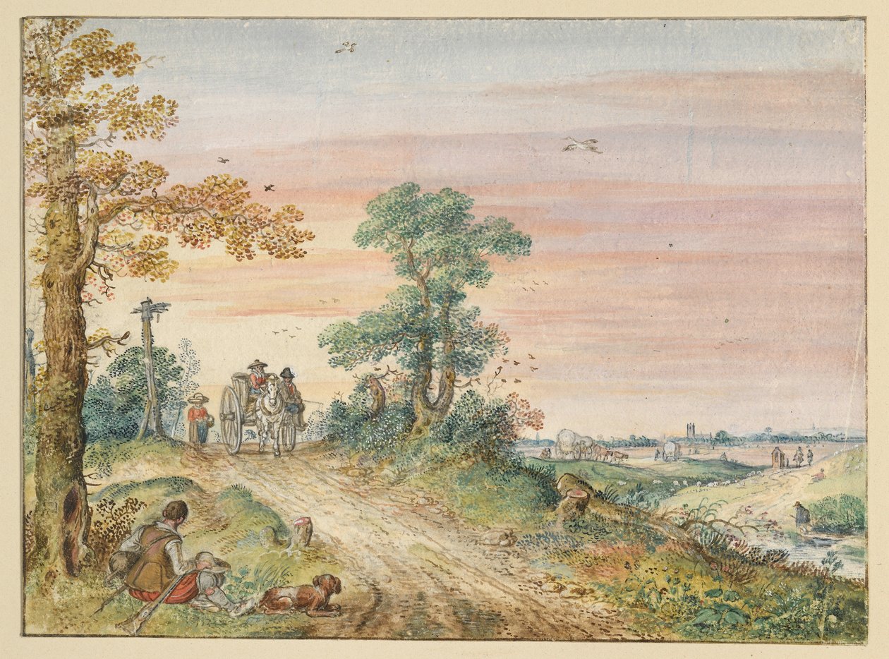 Maantie, jolla kulkee hevoskärry tekijältä Hendrick Avercamp