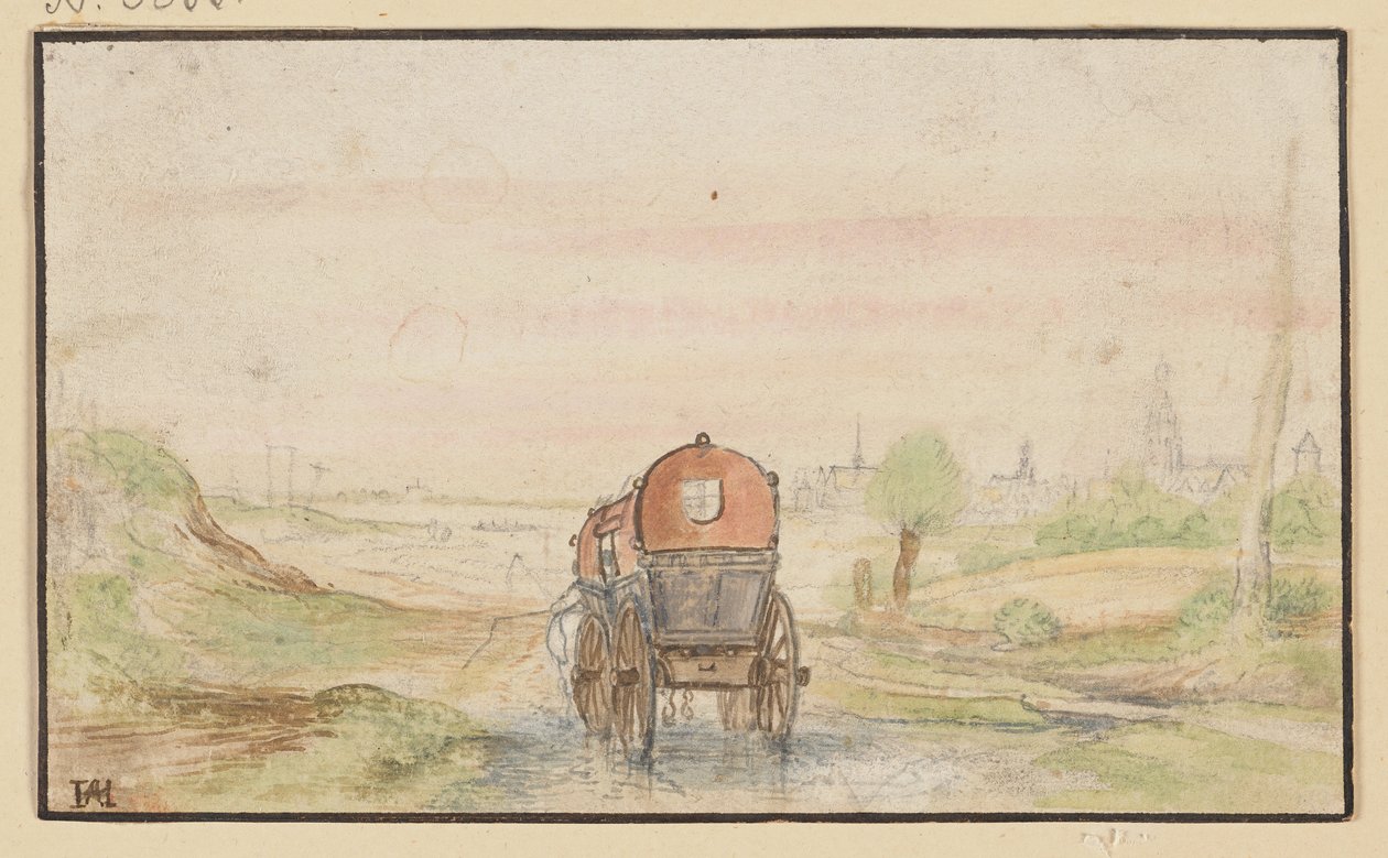 Maantie ja punaiset vaunut tekijältä Hendrick Avercamp