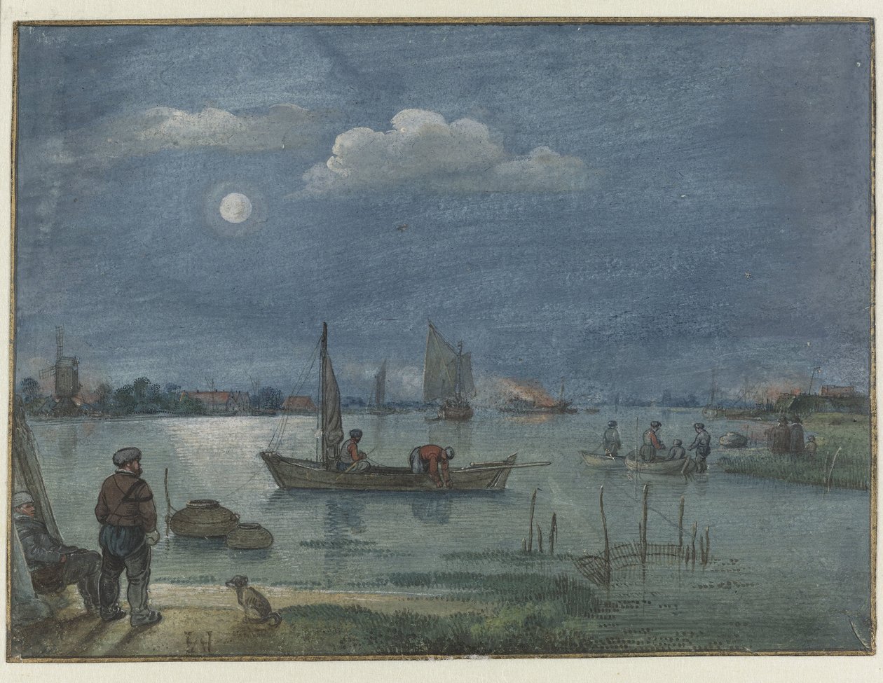 Kuutamoinen jokimaisema kalastajien kanssa tekijältä Hendrick Avercamp