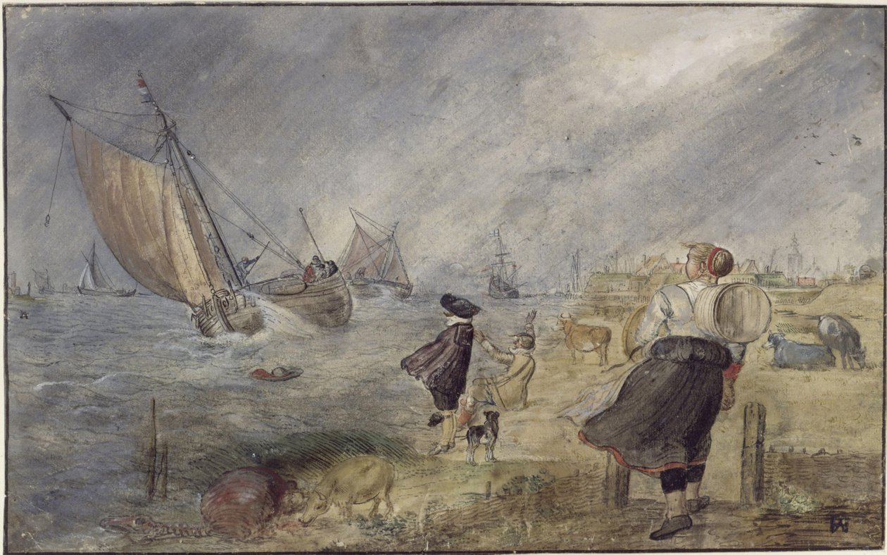Järvenranta myrskyssä henkilöhahmoineen tekijältä Hendrick Avercamp
