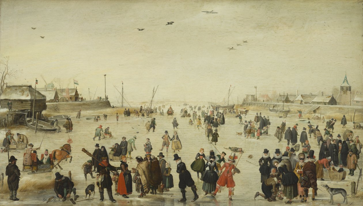 Talvinäkymä jäätyneellä kanavalla tekijältä Hendrick Avercamp