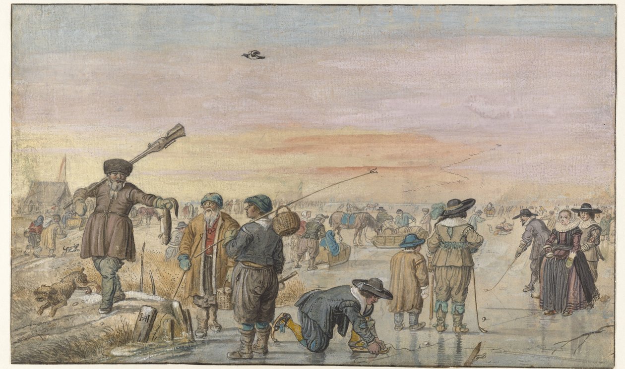 Talvimaisema jäällä, jossa metsästäjä näyttää saukkoa tekijältä Hendrick Avercamp