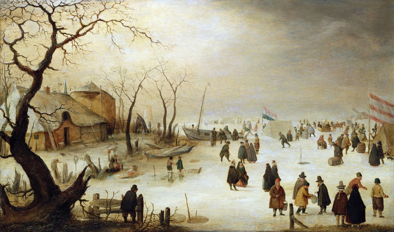 Talvinen maisema, jossa on hahmoja ja telttoja jäällä tekijältä Hendrick Avercamp