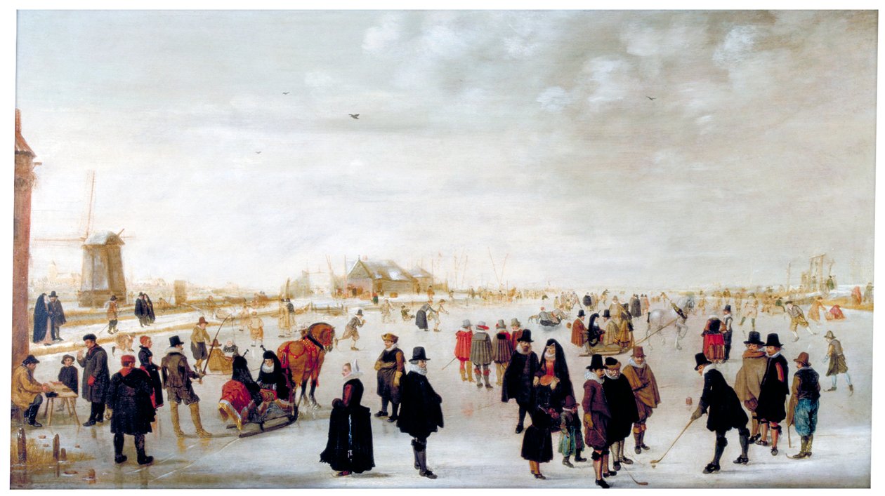 "Talvimaisema IJssel-joella lähellä Kampenia", c1615. tekijältä Hendrick Avercamp
