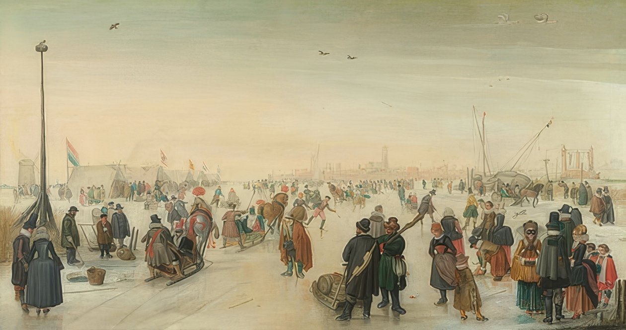 Talvisia nautintoja kaupungin ulkopuolella. Noin 1620 tekijältä Hendrick Avercamp