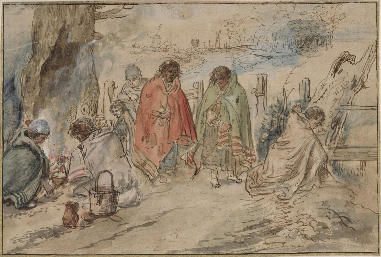 Mustalaisia leirinuotiolla tekijältä Hendrick Avercamp