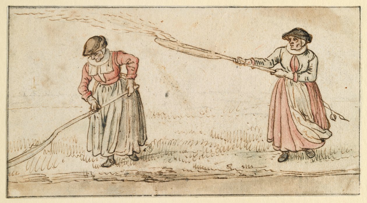 Kaksi naista, joilla on lapiot tekijältä Hendrick Avercamp