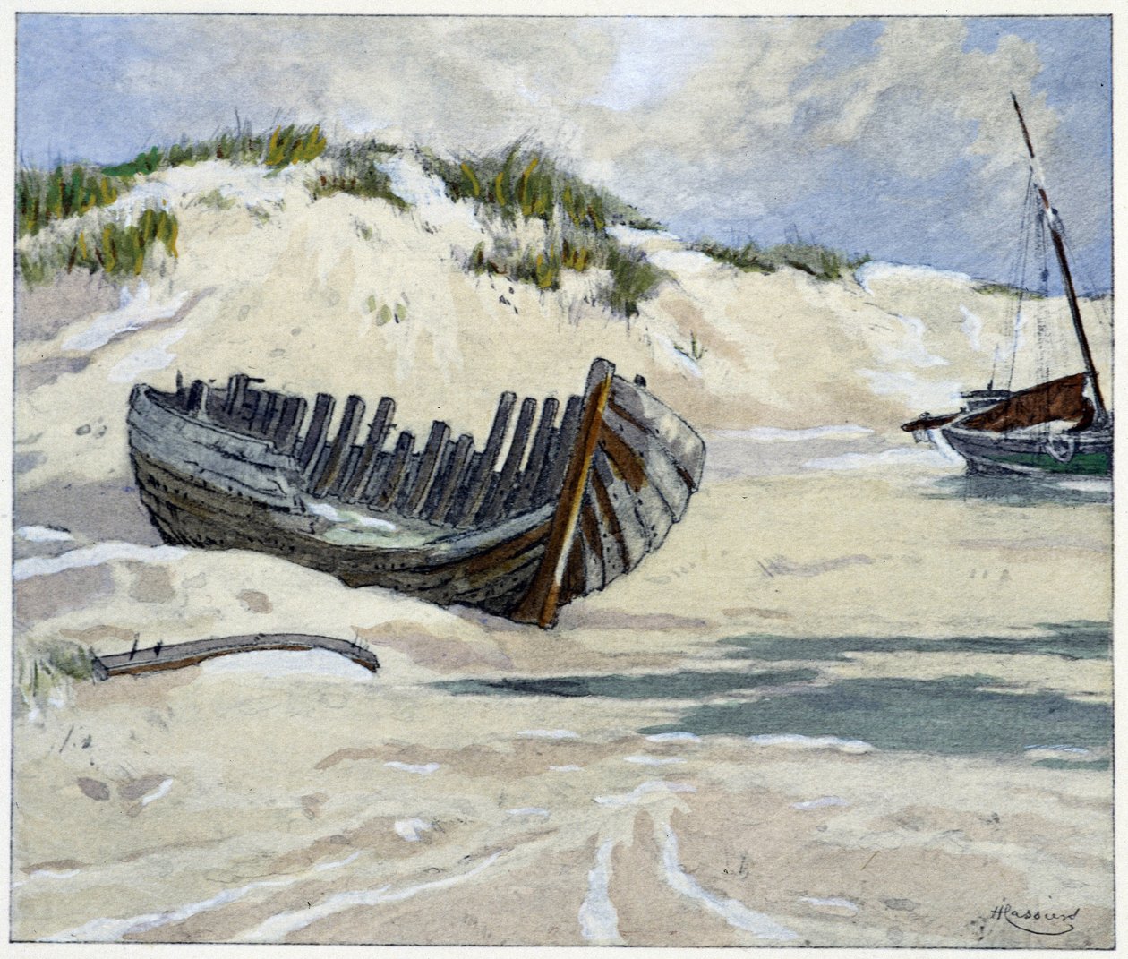 Onnenalukset dyynillä Emile Verhaerenin "Garirlande des Dunes" -teoksessa, kuvittanut H. Cassiers Art-H.Piazzassa, Pariisissa 1927. tekijältä Hendrick Cassiers