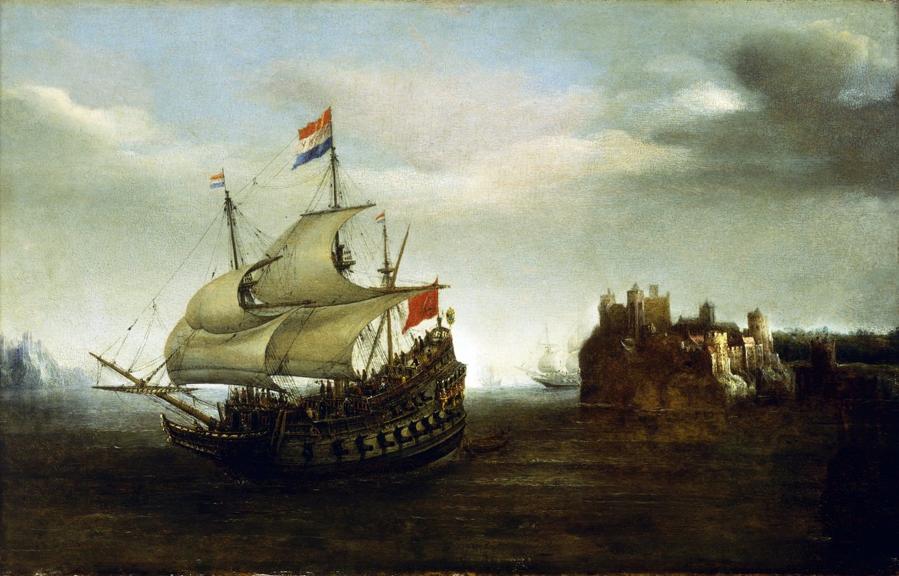 Hollantilainen vene purjehtii lähellä linnaa, lähellä kalliorannikkoa. Öljy puulle tekijältä Hendrick Cornelisz Vroom