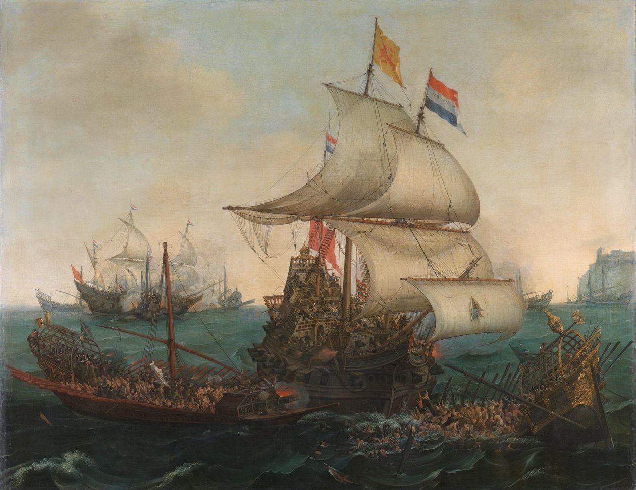 Englannin rannikolla olevia espanjalaisia kaleereita ramppaavat hollantilaisalukset, 3. lokakuuta 1602. tekijältä Hendrick Cornelisz. Vroom
