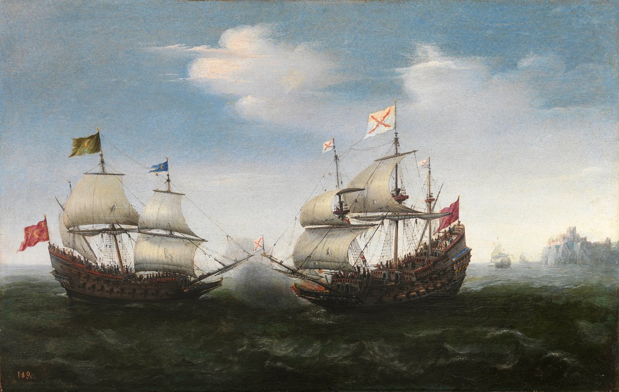 Kahdeksankymmenen vuoden sota - (Quatre Vingts Ans eli Alankomaiden kapina tai Kerjäläisten sota) Merivoimien taistelu kivistä rantaa vastaan, Vroom, Hendrick Cornelisz. (1562/3-1640) tekijältä Hendrick Cornelisz. Vroom