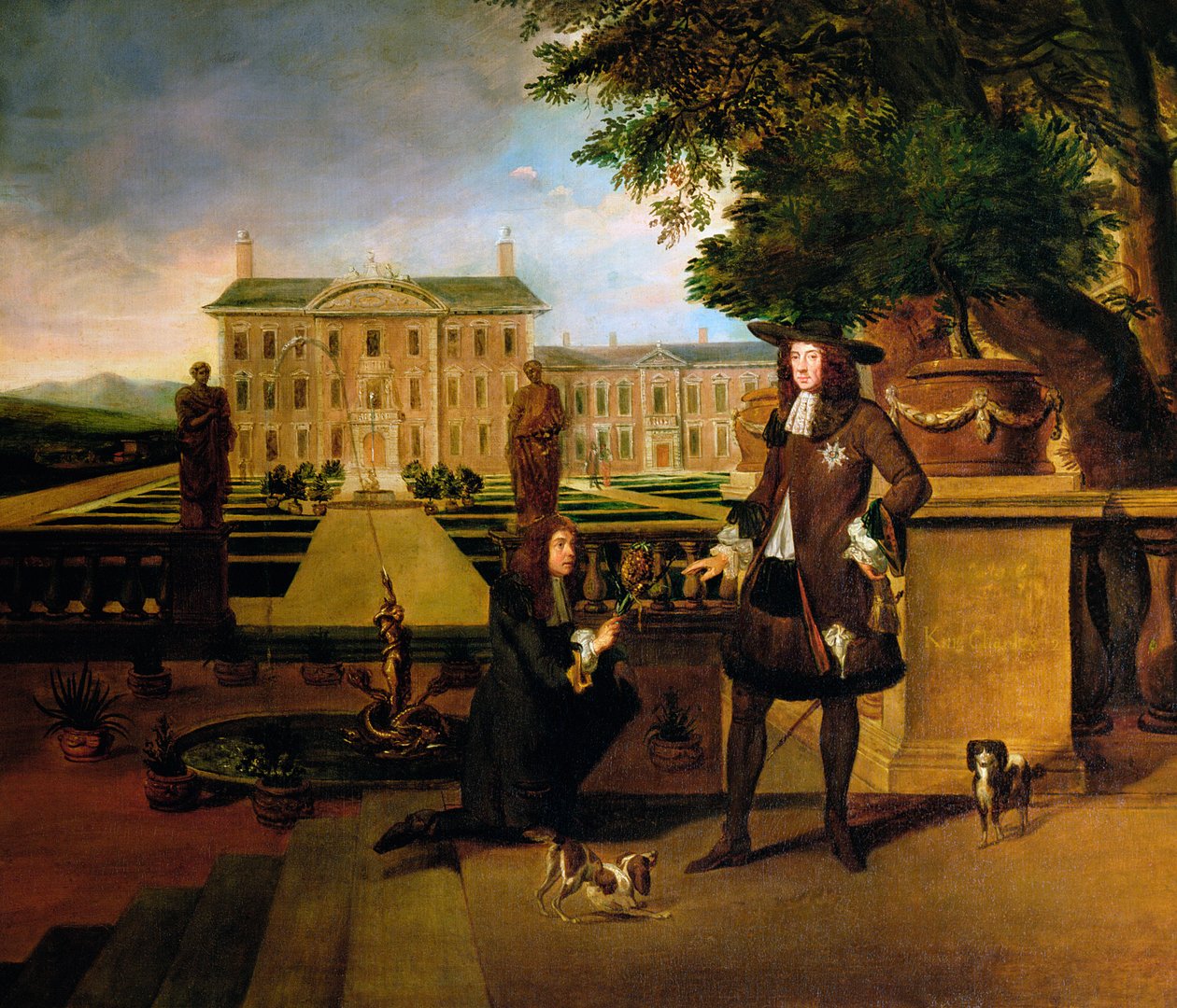 John Rose, kuninkaan puutarhuri, esittelee Kaarle II:lle ananaksen, 1600-luku tekijältä Hendrick Danckerts