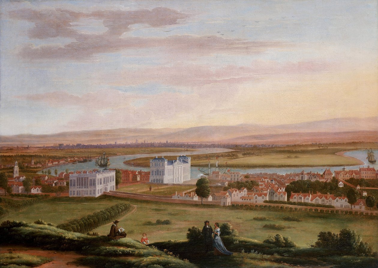 Näkymä Greenwichistä ja kuningattaren talosta kaakosta noin vuonna 1670, kun Old Woolwich Road kulkee kuningattaren talon alta vasemmalla ja kuninkaan uusi talo näkyy oikealla (nykyisin King Charles Court of Justice Building (entinen kuninkaallinen laivast tekijältä Hendrick Danckerts