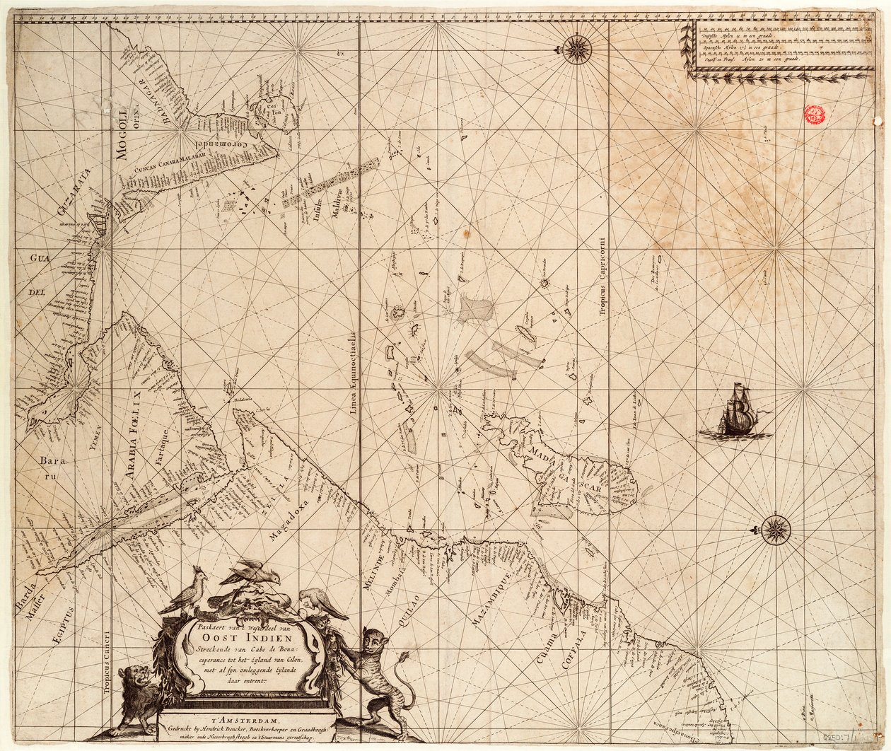 Afrikan, Intian ja Sri Lankan kartta vuodelta 1680 (painettu). tekijältä Hendrick Doncker