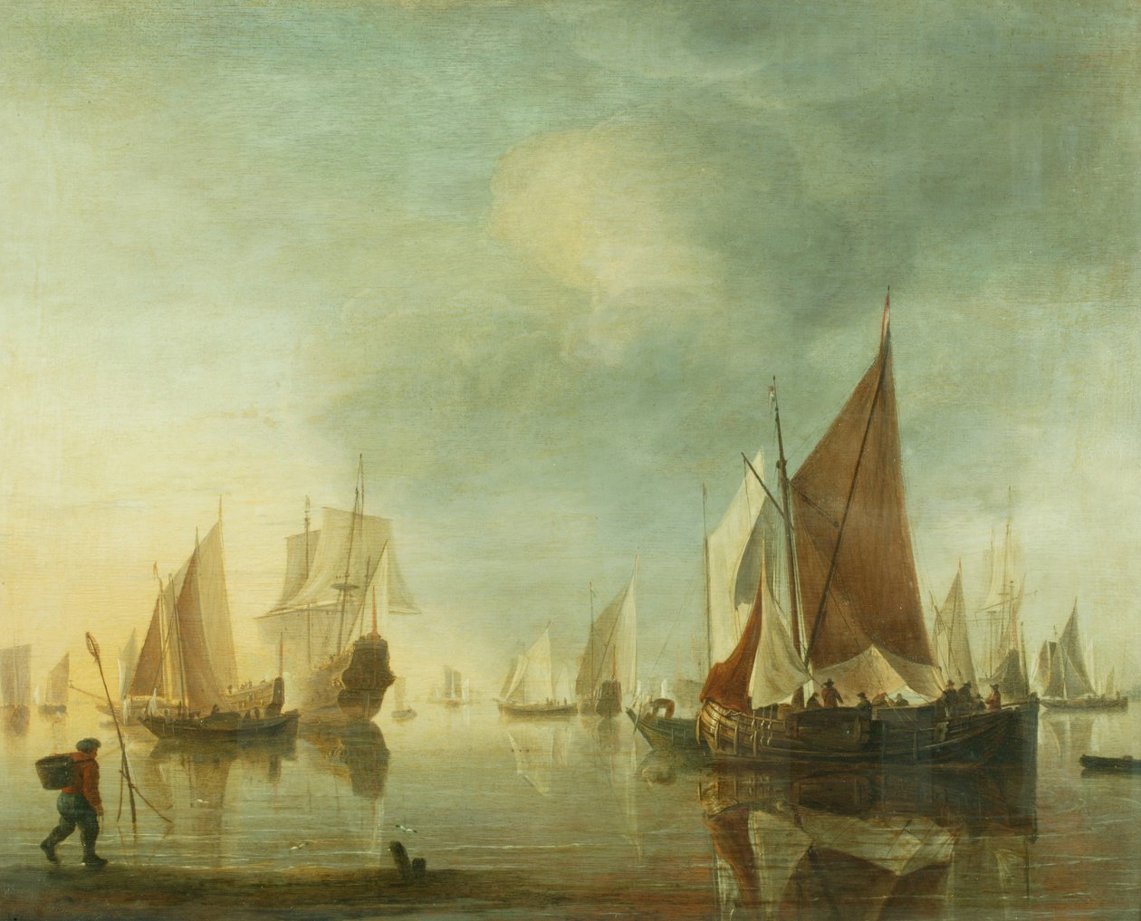 Laivaus ankkurissa offshoressa tyynellä merellä; iltavalo, n. 1650-60 (öljy paneelissa) tekijältä Hendrick Dubbels