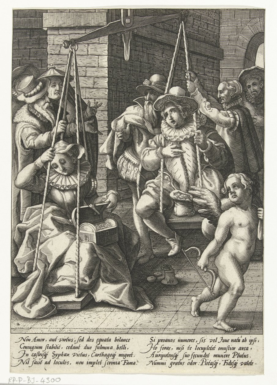Avioliittoasteikot Raha on oikeaa rakkautta Häät mittakaava Sananlaskut Karel van Manderin jälkeen (sarjan nimi) tekijältä Hendrick Goltzius (attributed to workshop of)