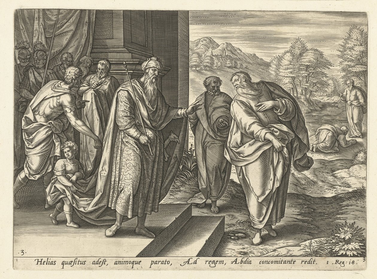 Elia puhuu toisen kerran kuningas Ahabin kanssa History of Eliah (sarjan nimi) tekijältä Hendrick Goltzius (rejected attribution)
