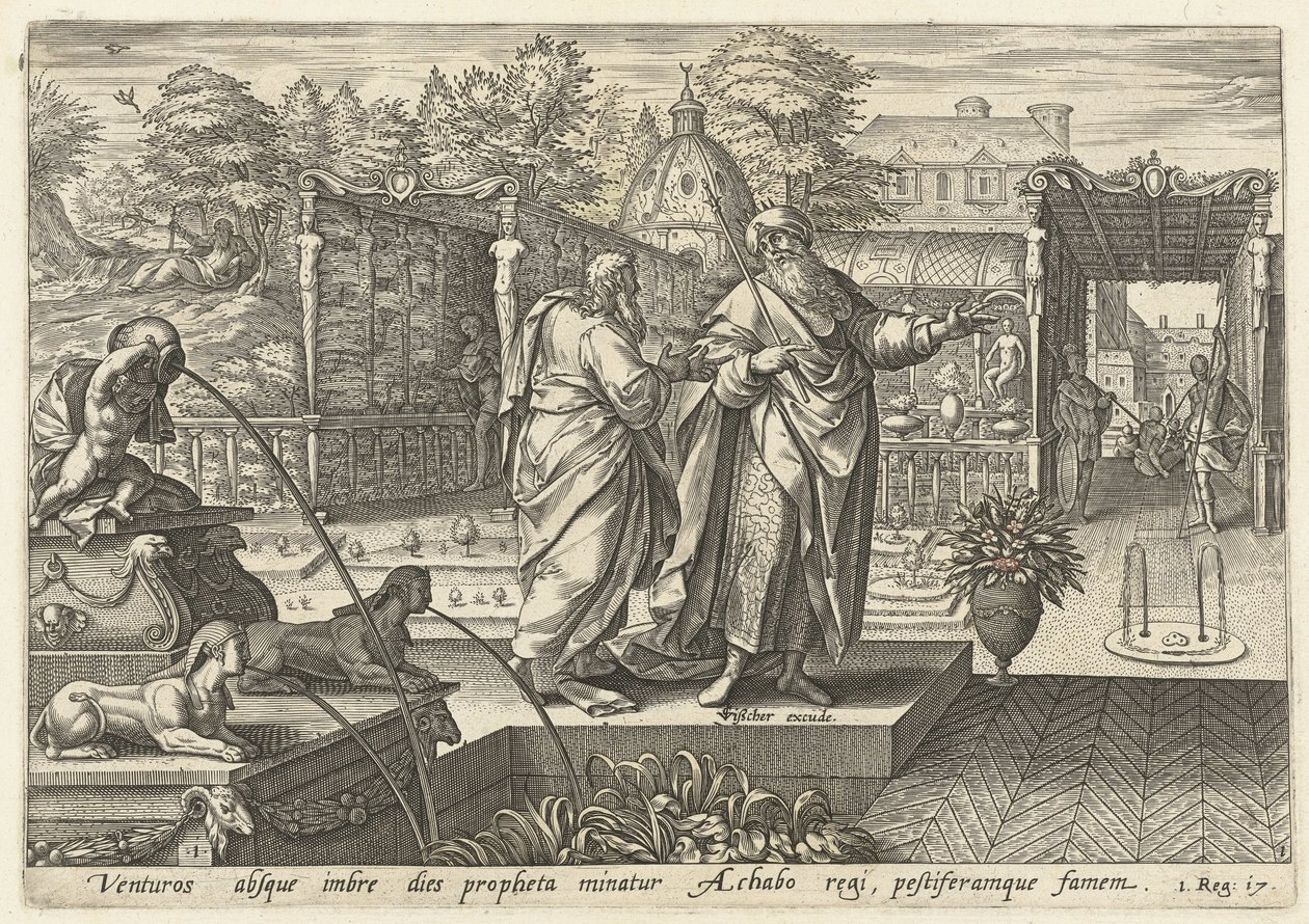 Elia ennustaa kuningas Ahabille kuivuutta History of Eliah (sarjan nimi) tekijältä Hendrick Goltzius (rejected attribution)