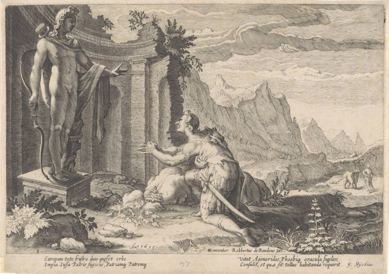 Cadmus neuvoo Delphin oraakkelilta Metamorphoses of Ovid (sarjan nimi) tekijältä Hendrick Goltzius (workshop of)