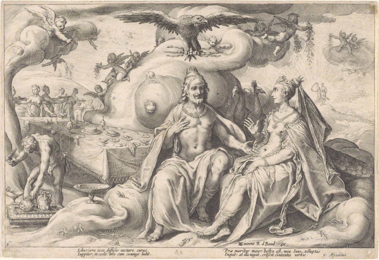 Jupiterin ja Junon välinen keskustelu Metamorphoses of Ovid (sarjan nimi) tekijältä Hendrick Goltzius (workshop of)