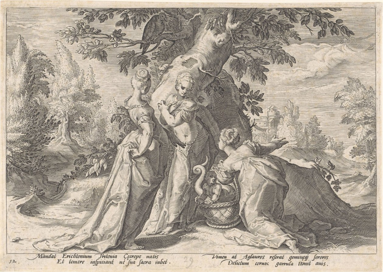 Cecropsin tyttäret avaavat Minervan korin Metamorphoses of Ovid (sarjan nimi) tekijältä Hendrick Goltzius (workshop of)