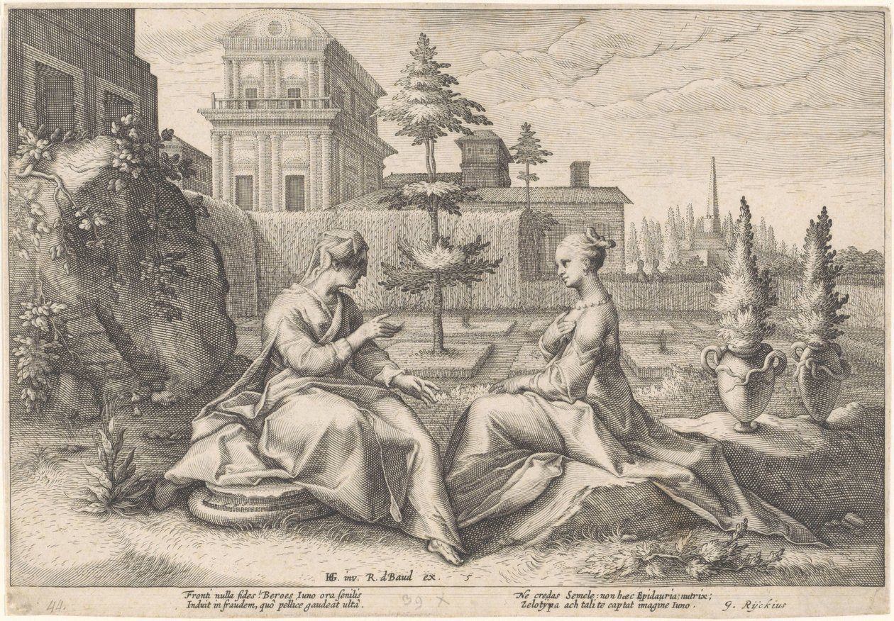 Juno lähestyy Semeleä Beroen varjossa Metamorphoses of Ovid (sarjan nimi) tekijältä Hendrick Goltzius (workshop of)