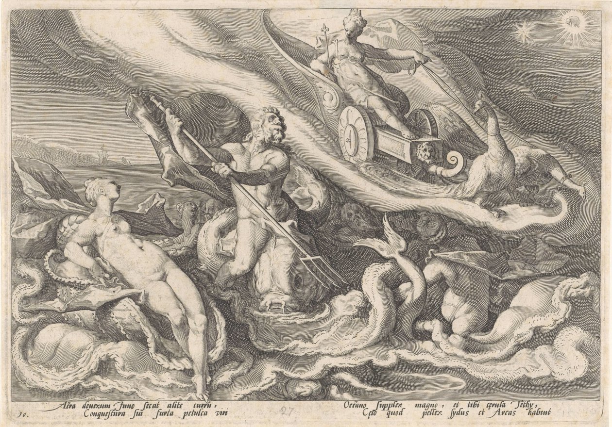 Juno valittaa Thetikselle ja Oceanukselle Metamorphoses of Ovid (sarjan nimi) tekijältä Hendrick Goltzius (workshop of)
